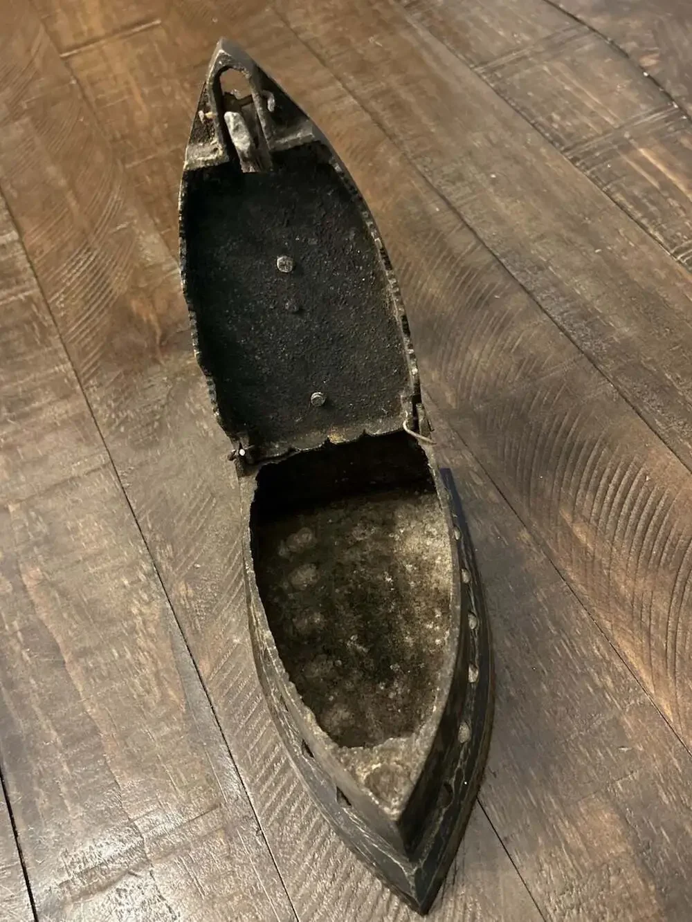 Antique Cast Iron Charcoal Iron with Rooster Latch and Wood Handle